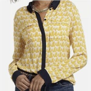 Maeve pony horse novelty print button up long sleeve shirt size 0 yellow navy